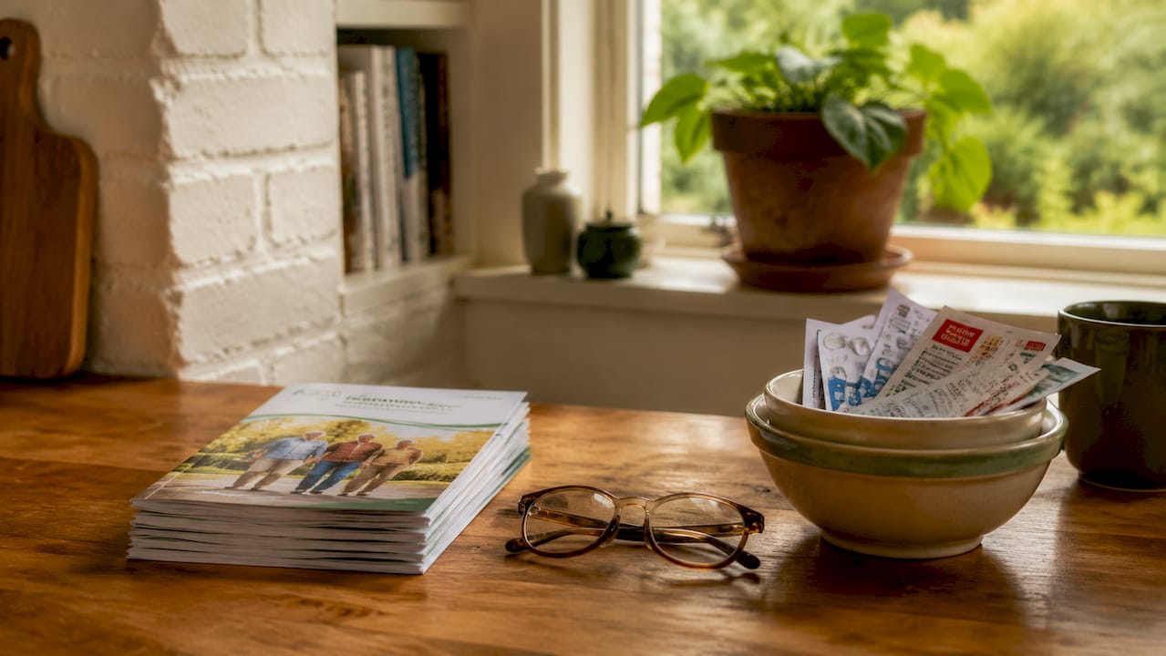 Healthcare brochures and glasses on study desk