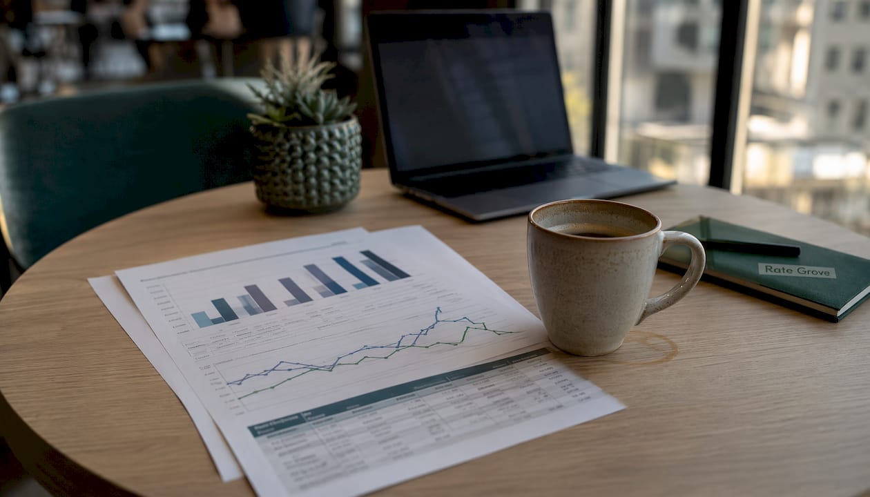 Printed CD rate charts and coffee cup on office table