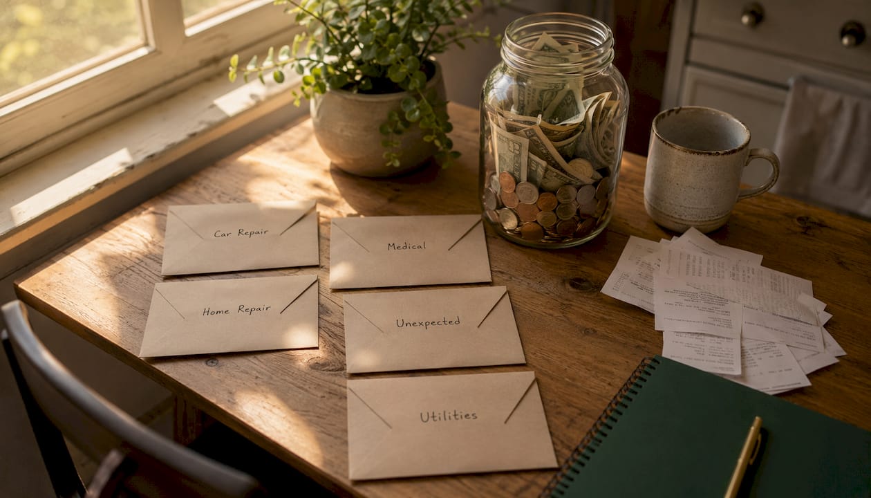 Emergency fund piggy bank and envelopes on desk