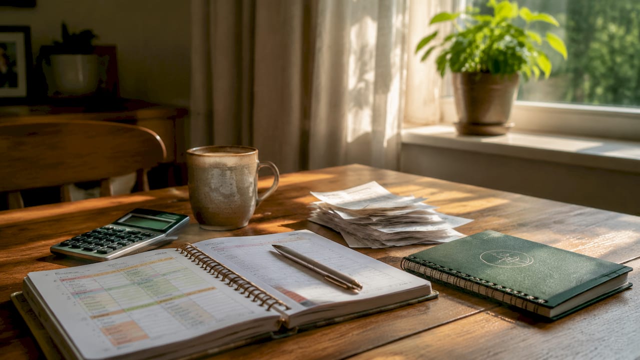 Calculator, notebook, receipts on coffee table