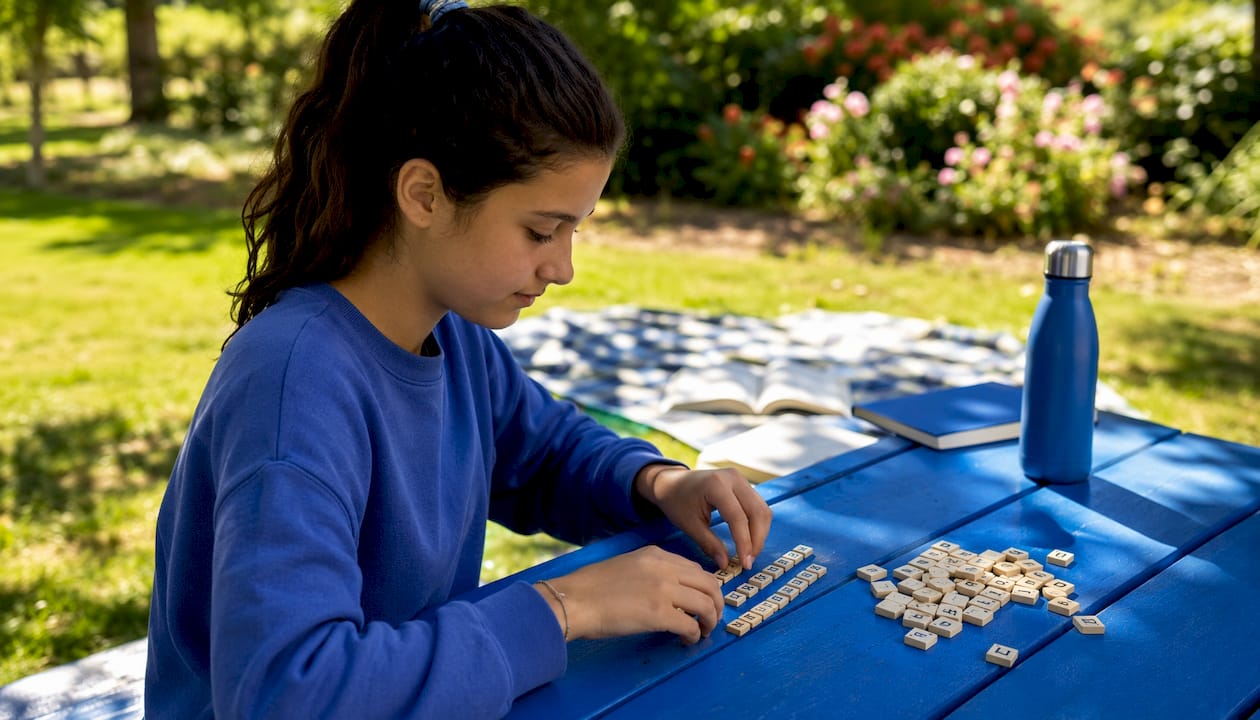 Hands building compound words with letter tiles