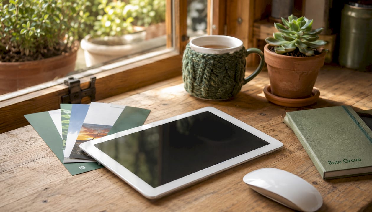 Overhead of workspace with tablet and bank brochures