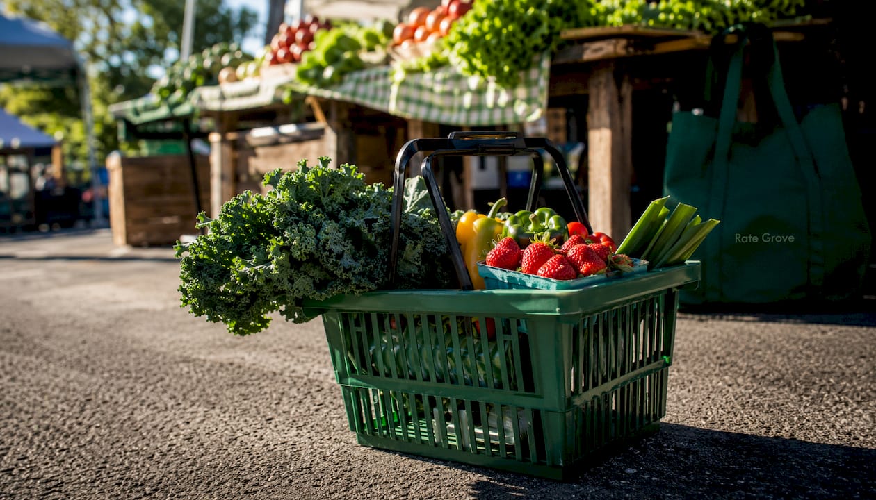 Shopping cart with fresh groceries at outdoor market