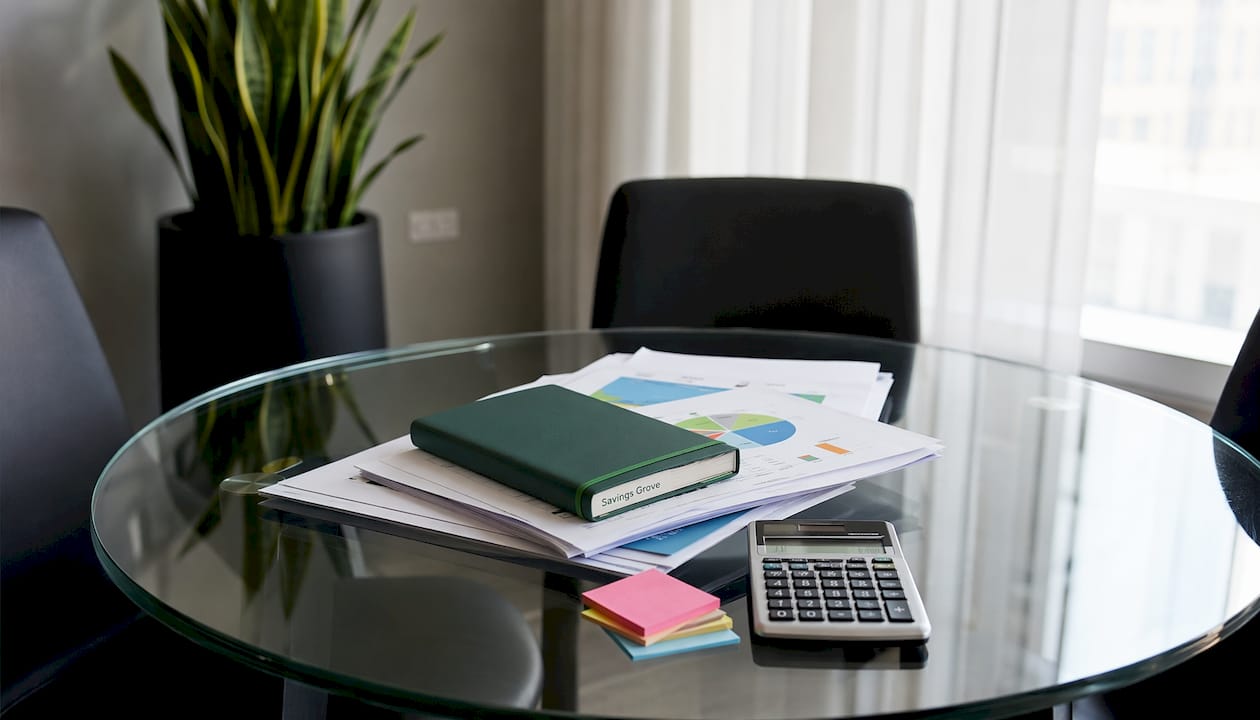 Empty corporate conference room with budget sheets