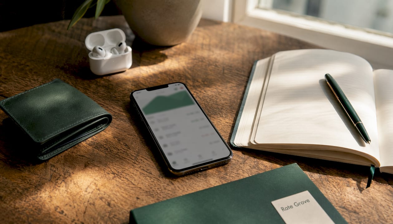 Smartphone with banking app dashboard and financial items