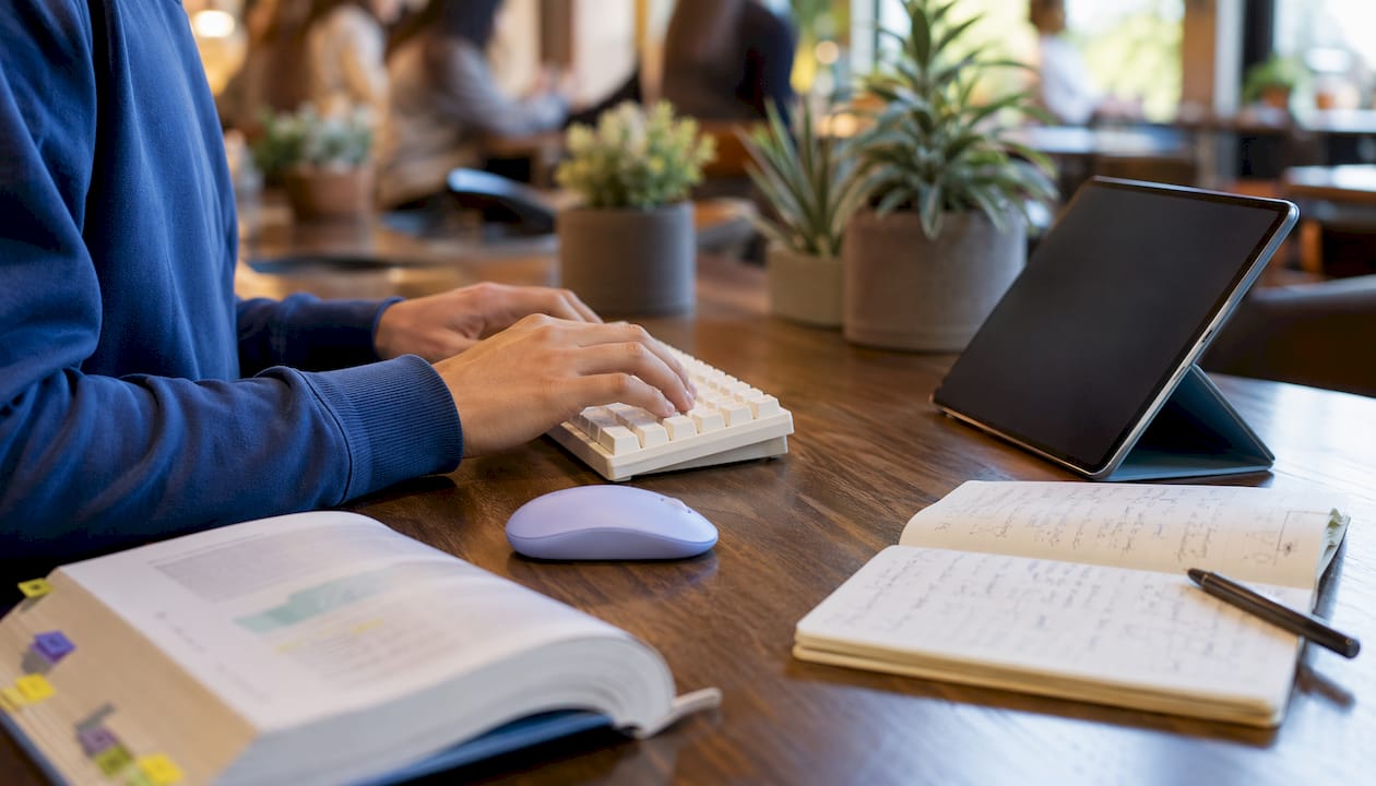 Hands typing on keyboard in home office