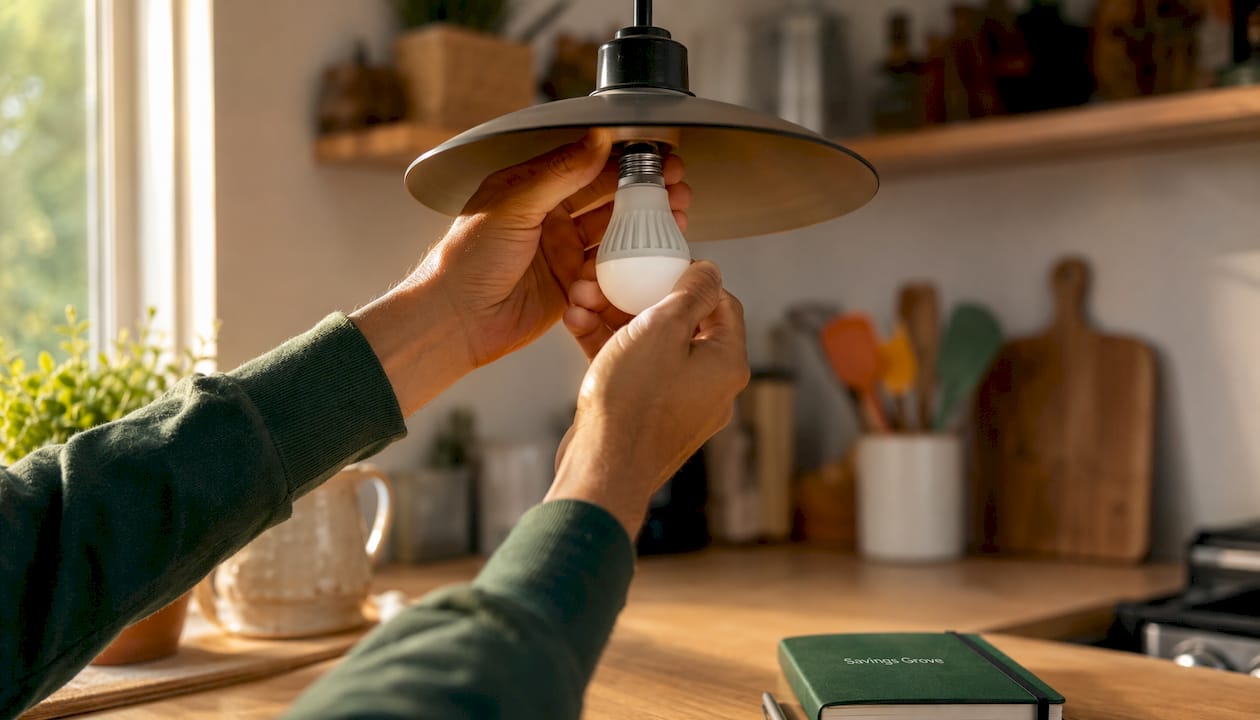 Hands installing LED bulb in home ceiling fixture