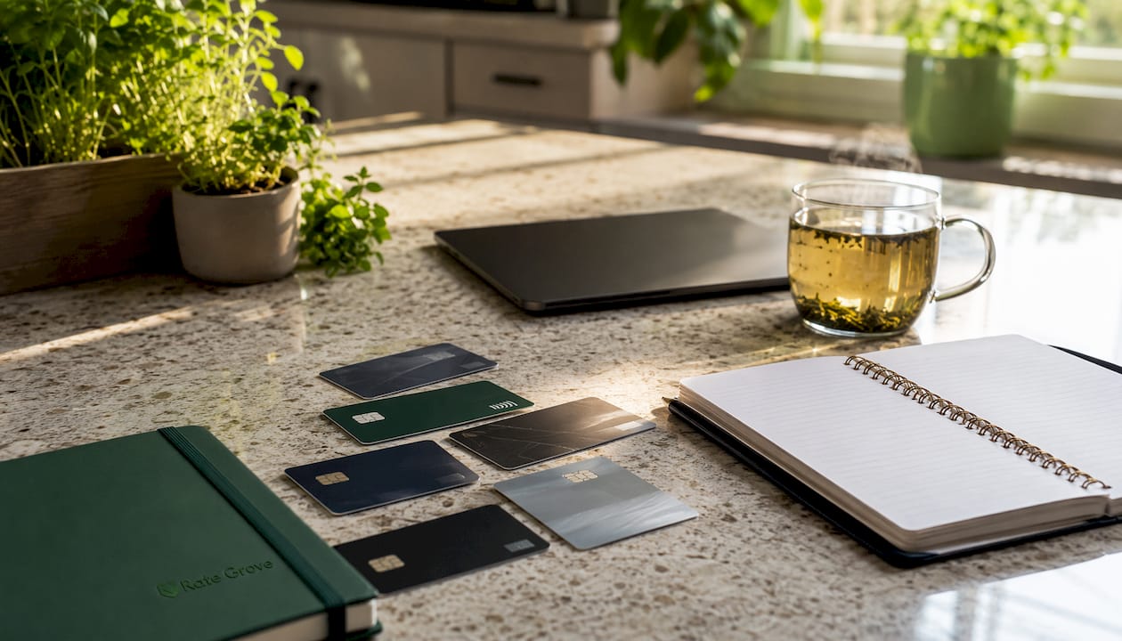 Bank cards and financial planner flat lay on wood table