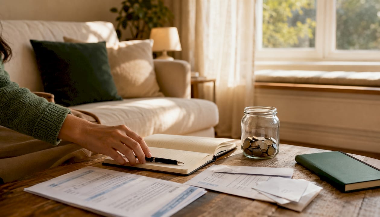 Desk with devices and hand holding stylus near notepad