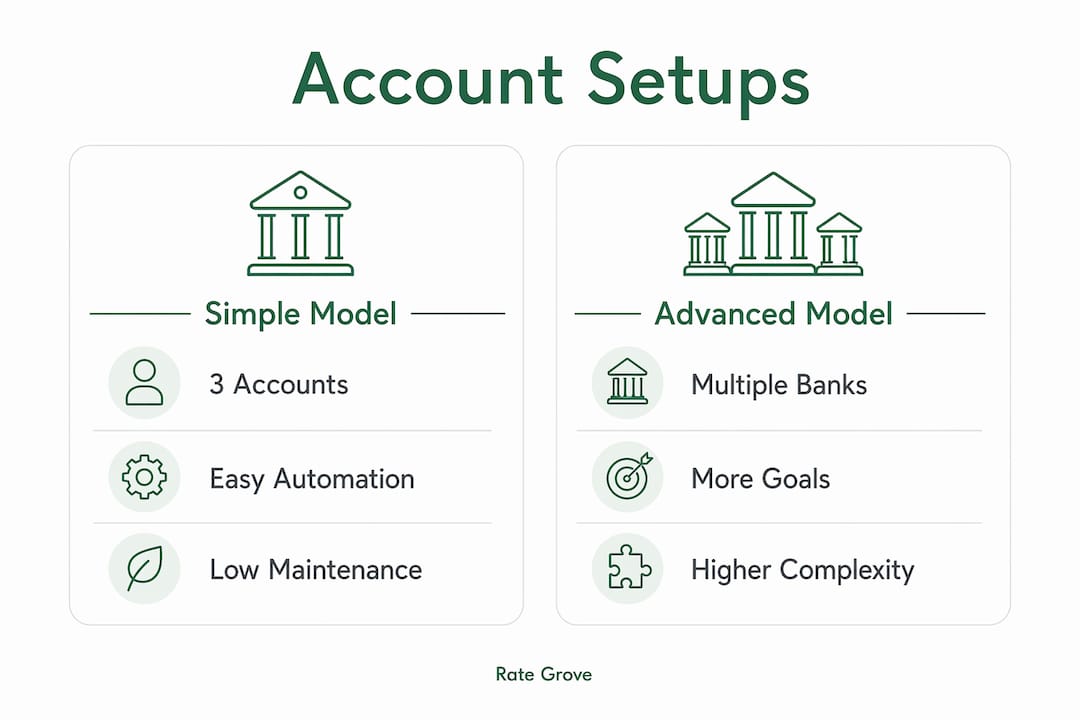 Infographic comparing simple and advanced multi-account setups