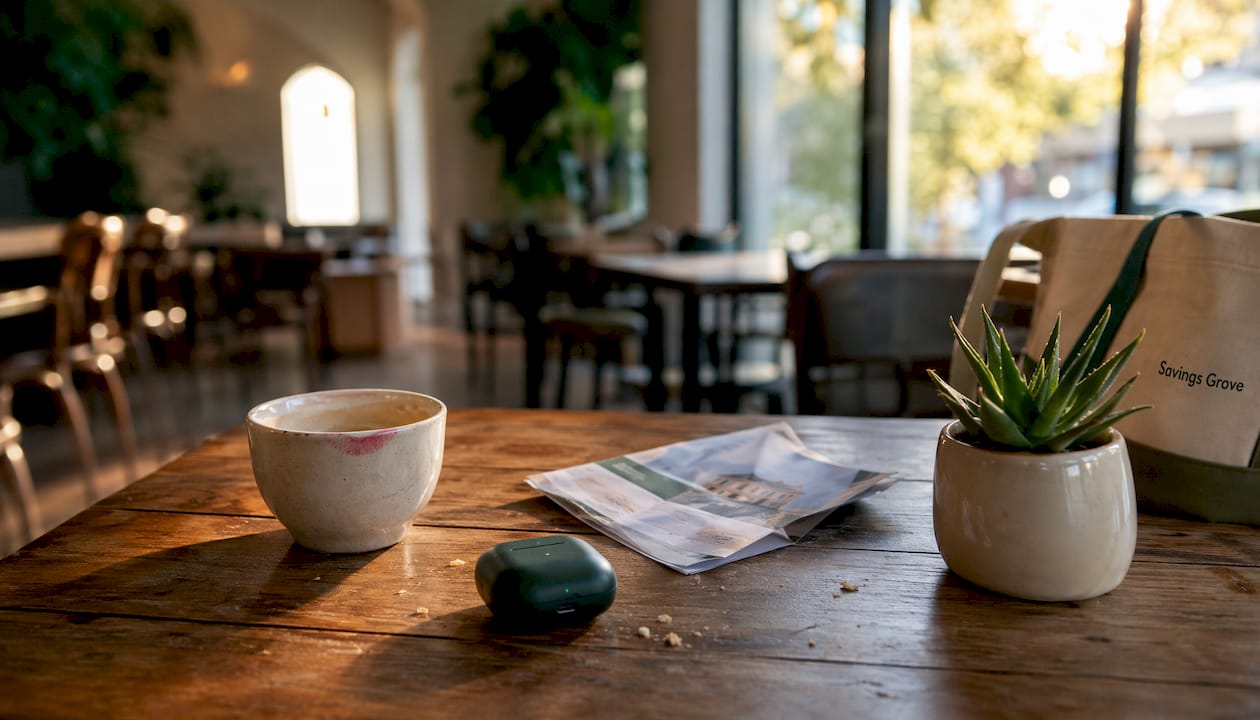 Office break room table with discretionary expense items