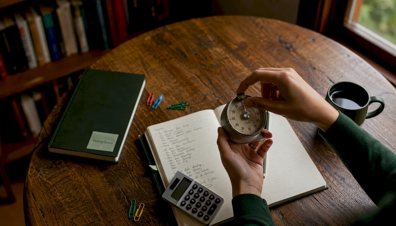 Hand adjusting kitchen timer on budget planning desk