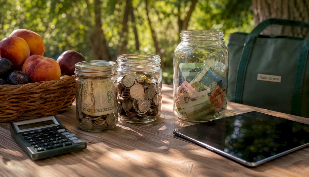 Kitchen counter with savings jars, calculator, basket