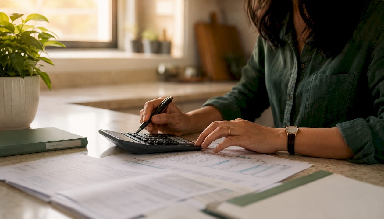 Hands using calculator and financial sheets