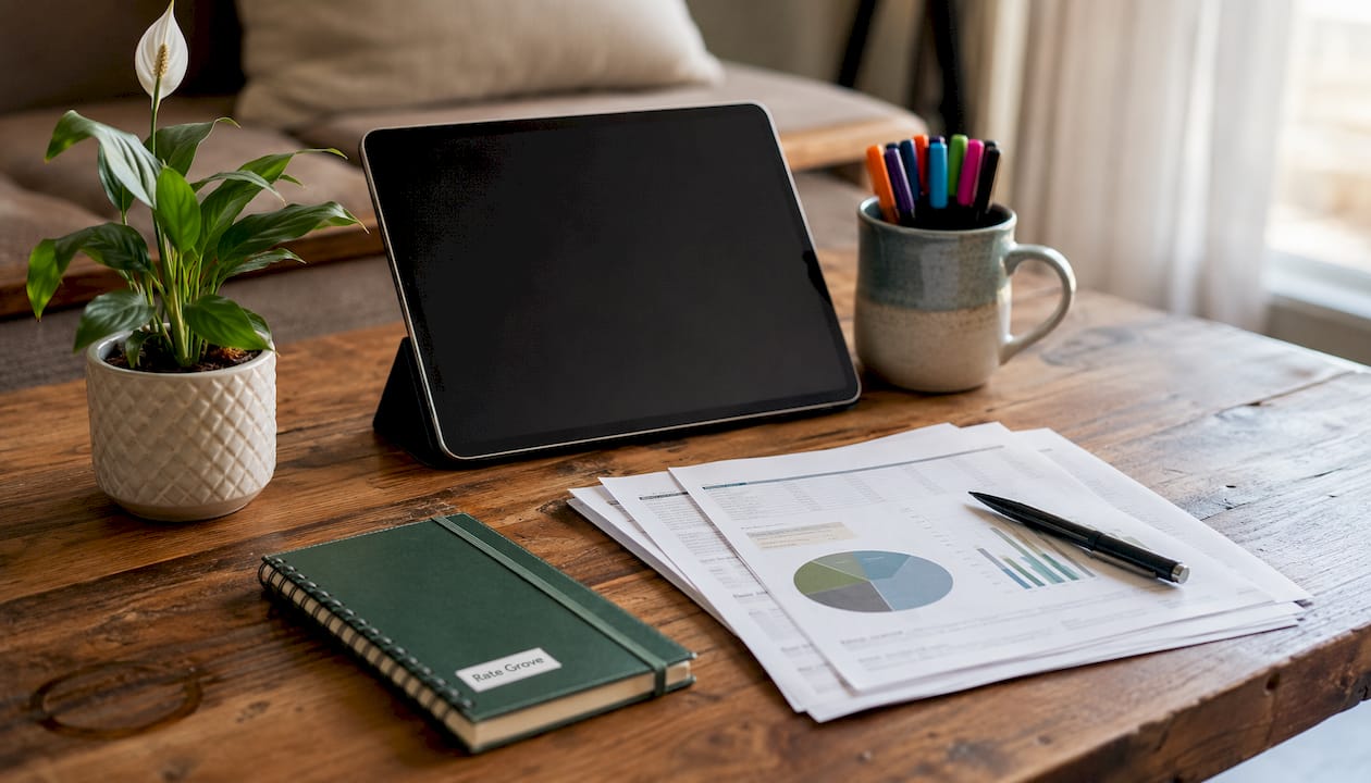 Tablet and bank comparison worksheets on kitchen counter