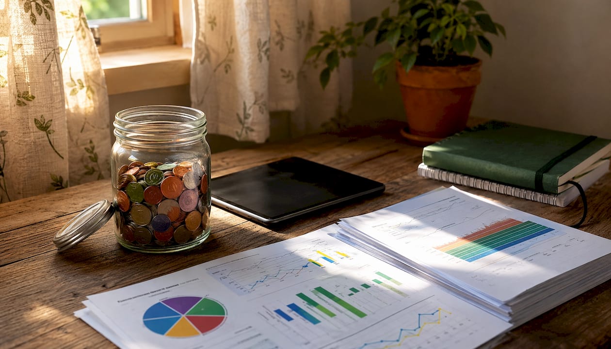 Piggy bank and financial charts on coworking table