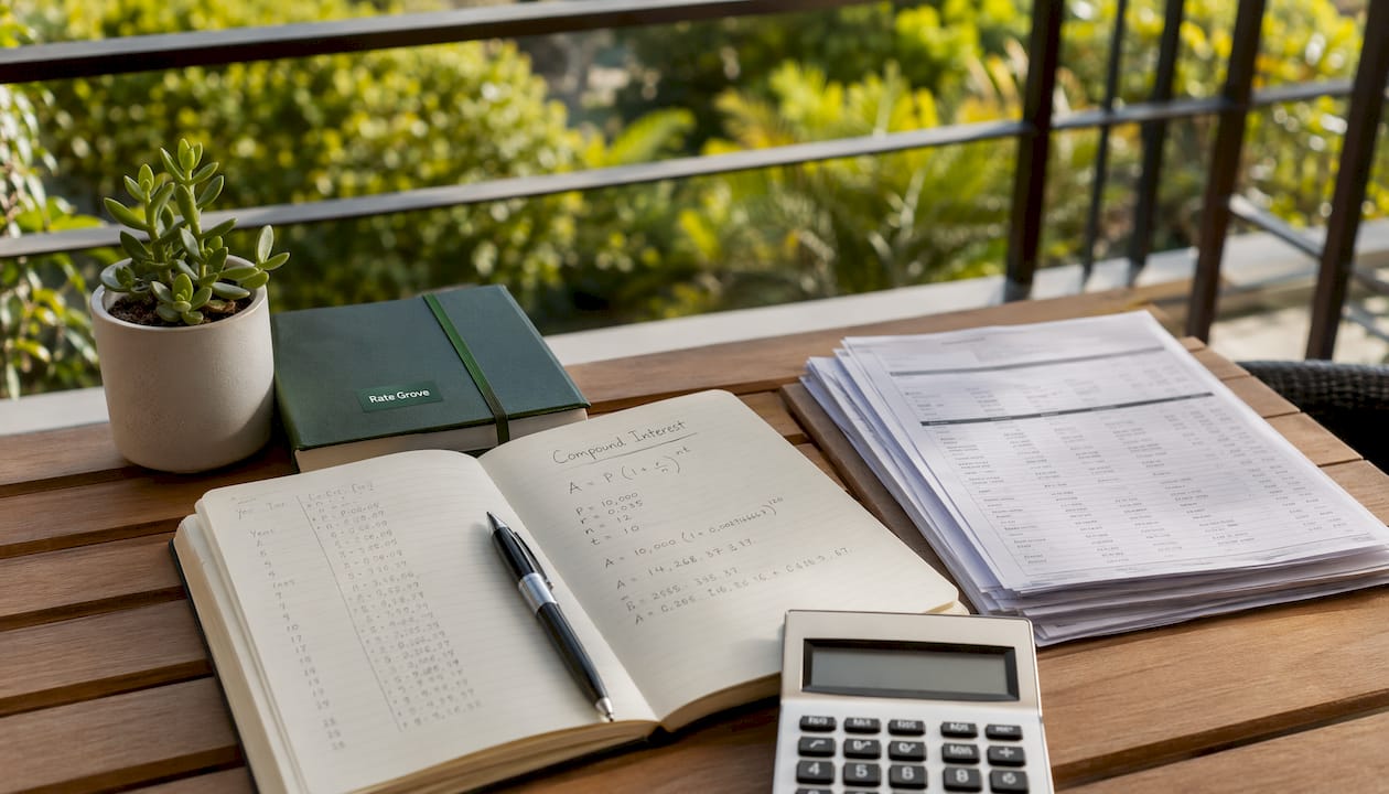 Kitchen counter showing interest calculation tools