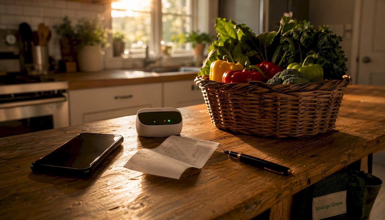 Kitchen counter with price alert device and produce