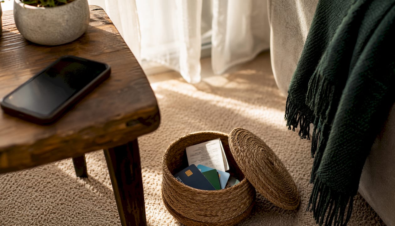 Smartphone and wallet on wooden table