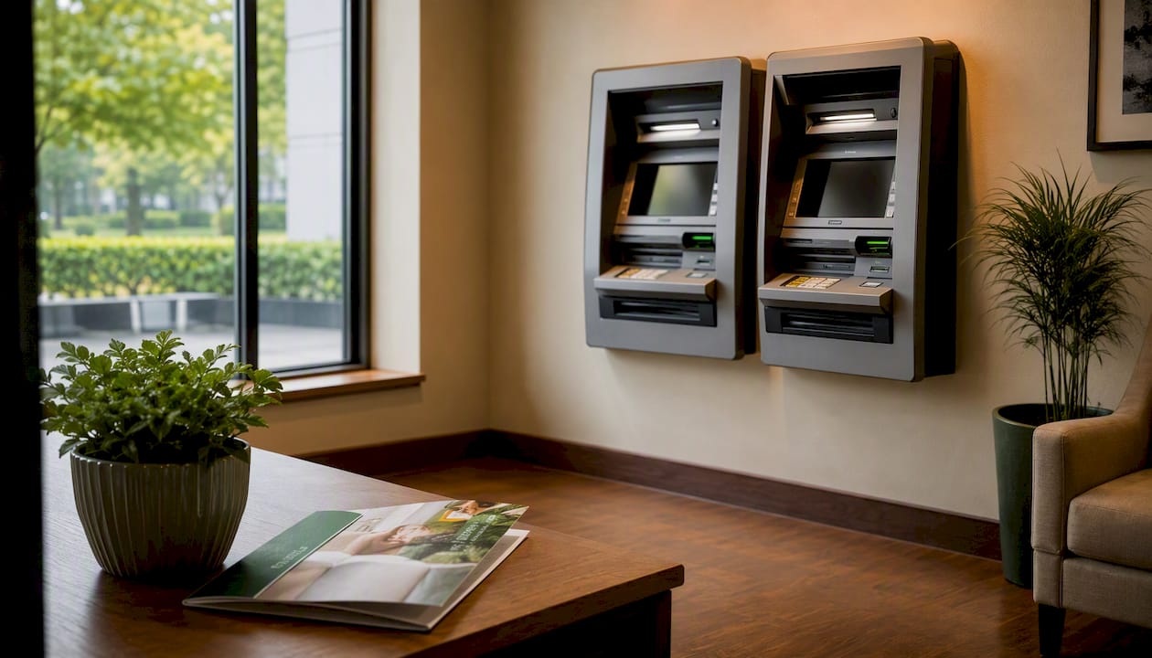 Empty bank ATM area with brochures nearby