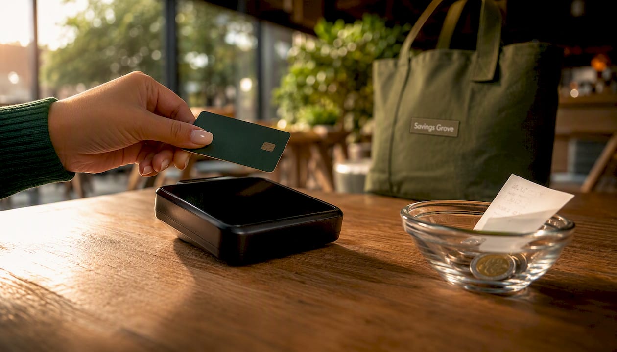 Hand holding debit card over payment terminal