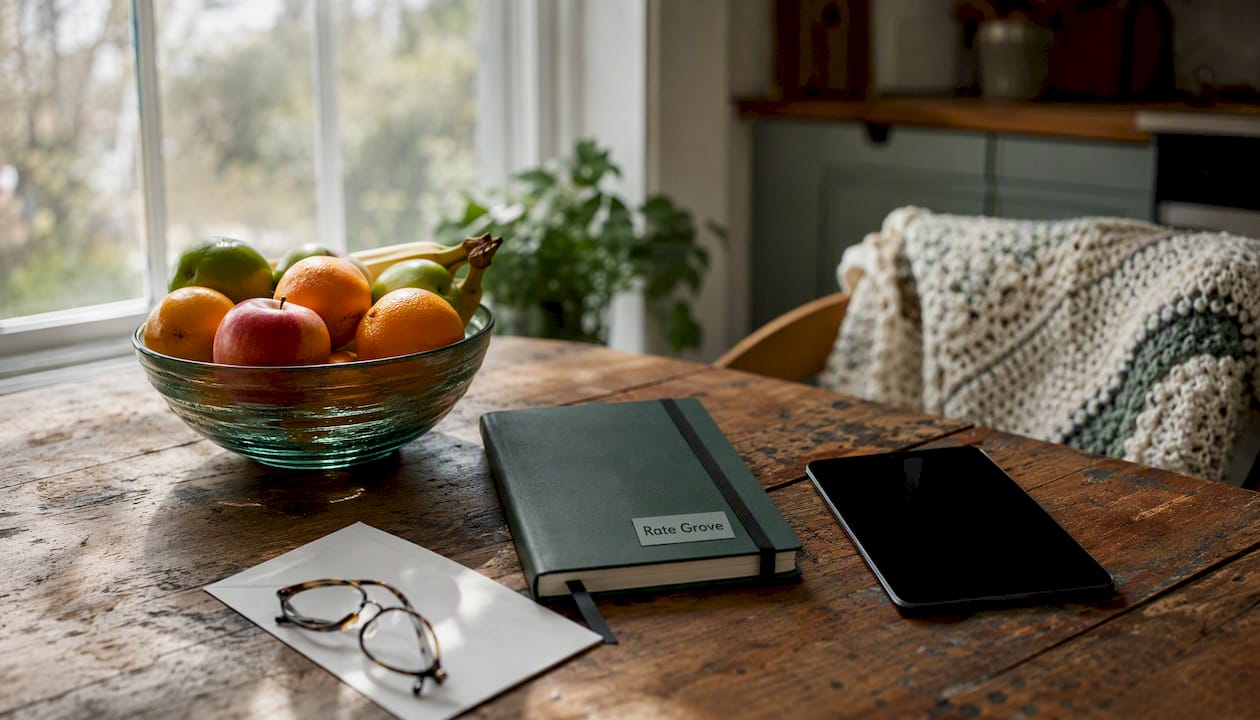 Living room coffee table with finance book and fruit bowl