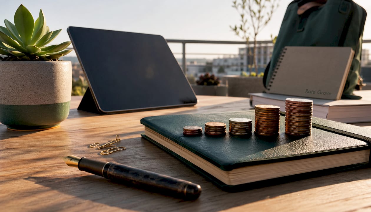 Workspace with notebook, coins, and succulent plant