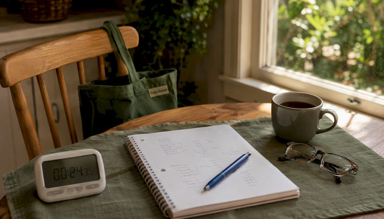Notebook with handwritten notes and calculator on desk