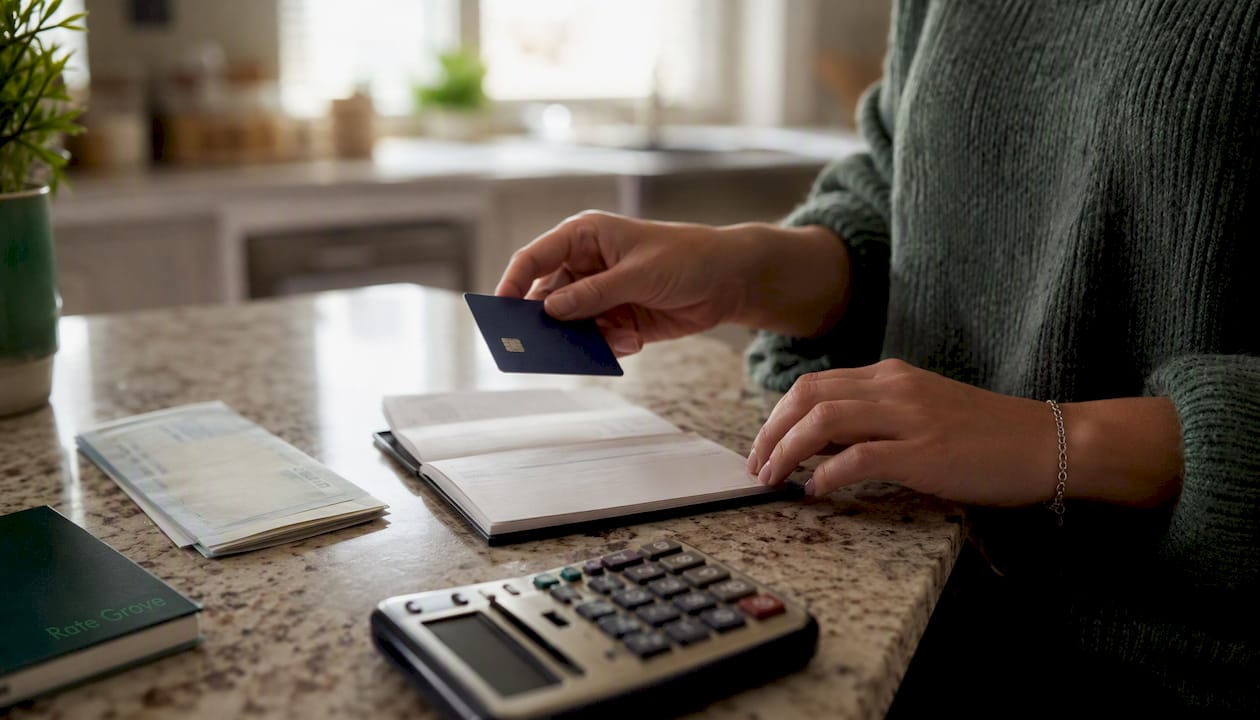 Hands with debit card near checkbook on desk
