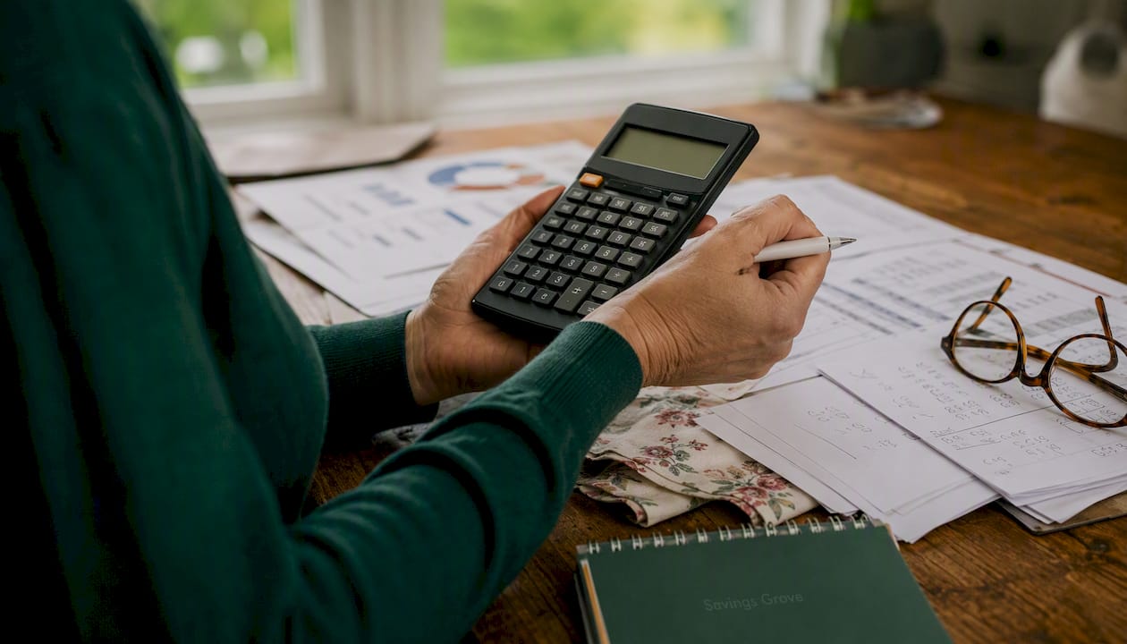 Hands with calculator and tax papers on desk
