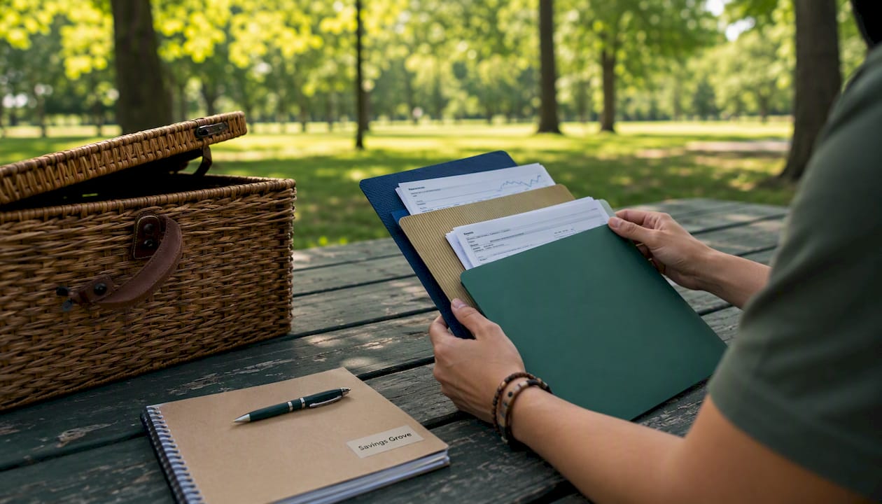 Hands organizing investment folders at office desk