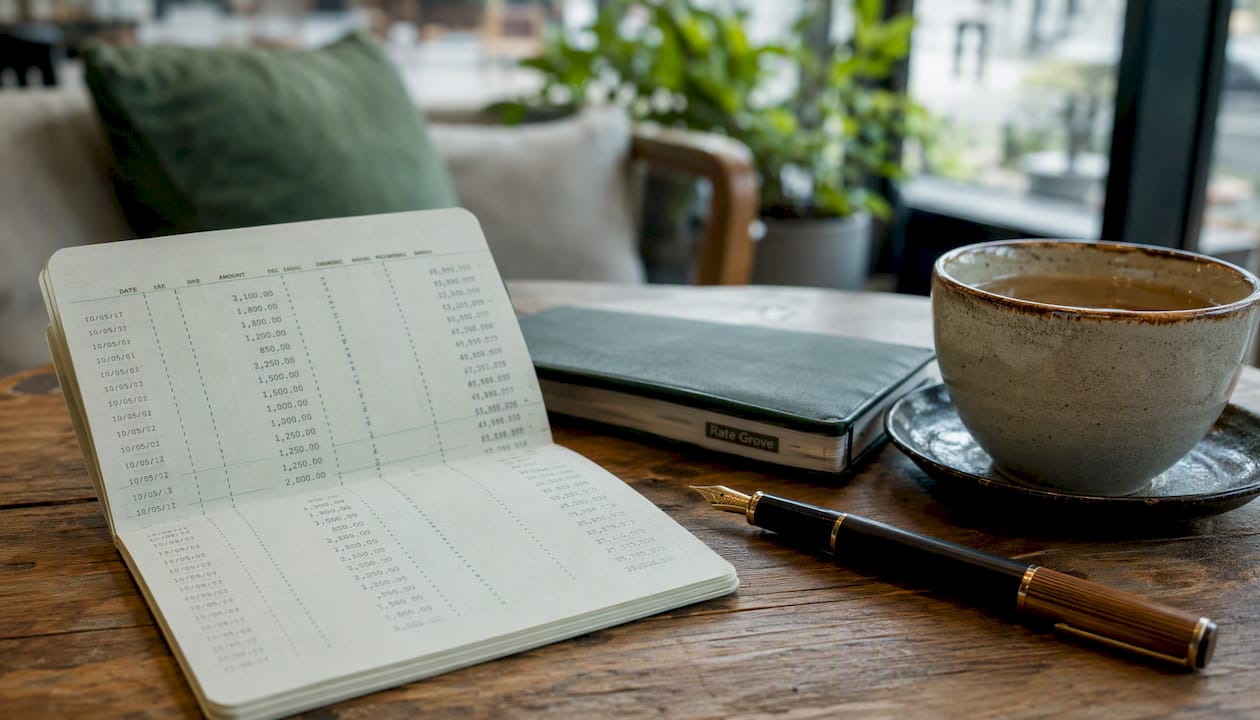 Open savings passbook with pen and glasses