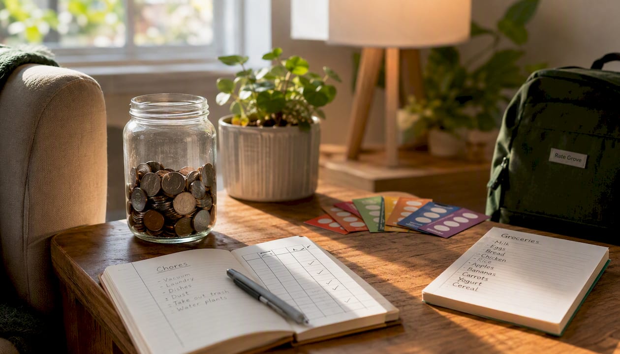 Chore tokens and savings jar on kitchen table