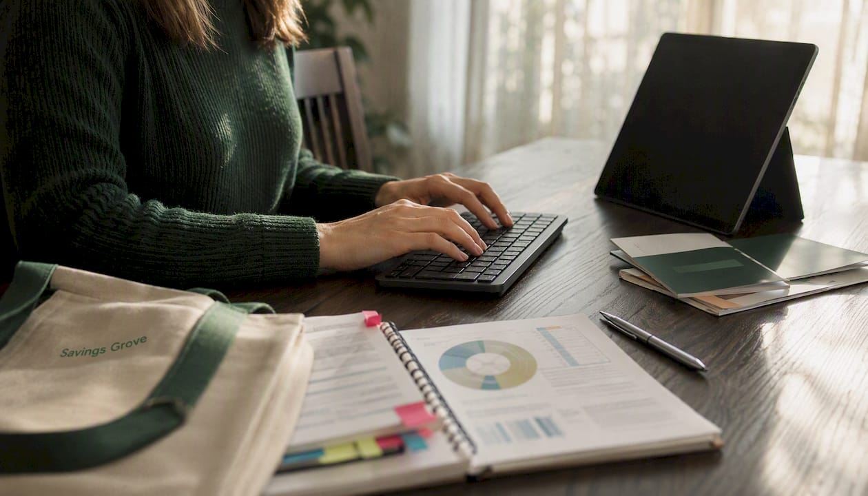 Hands typing near credit report summary on desk