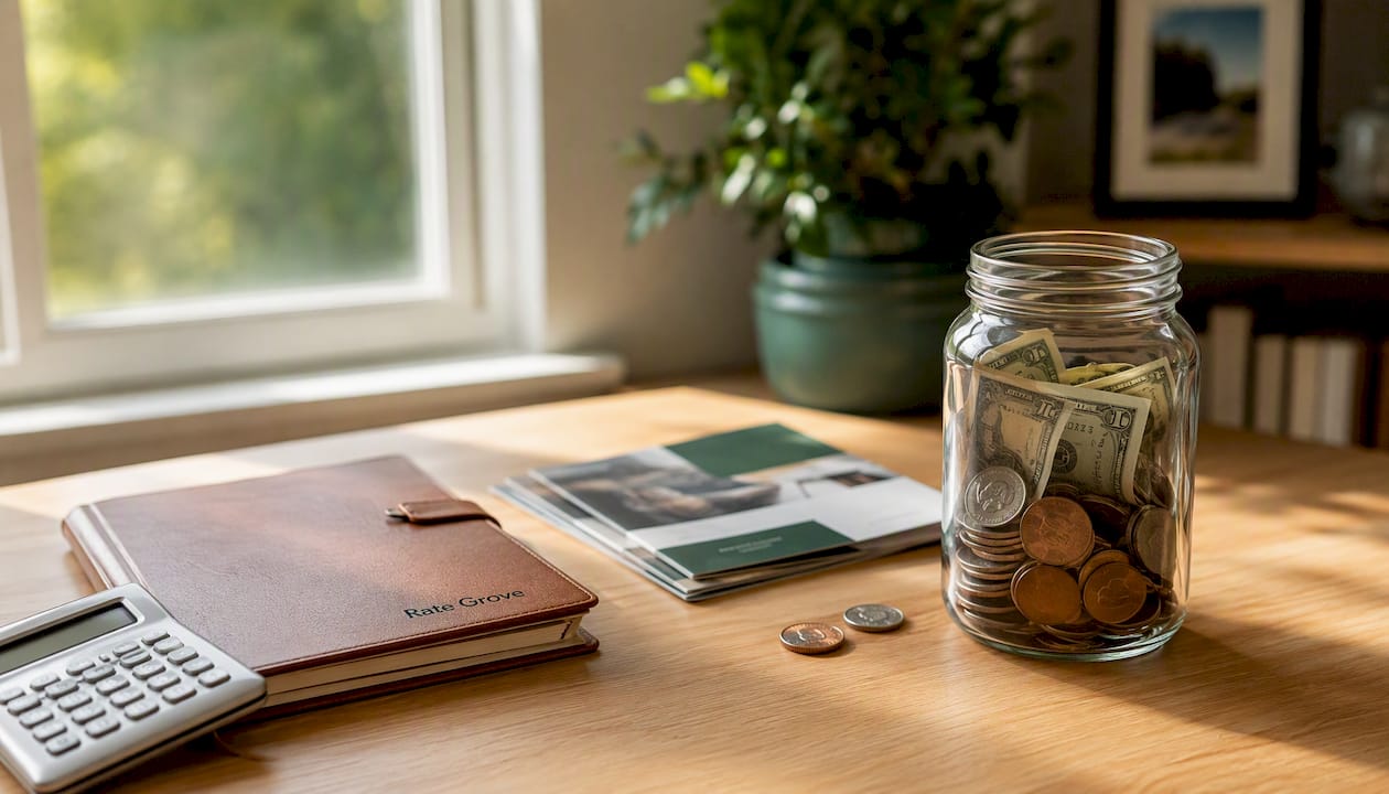 Flat lay of savings jar and financial tools