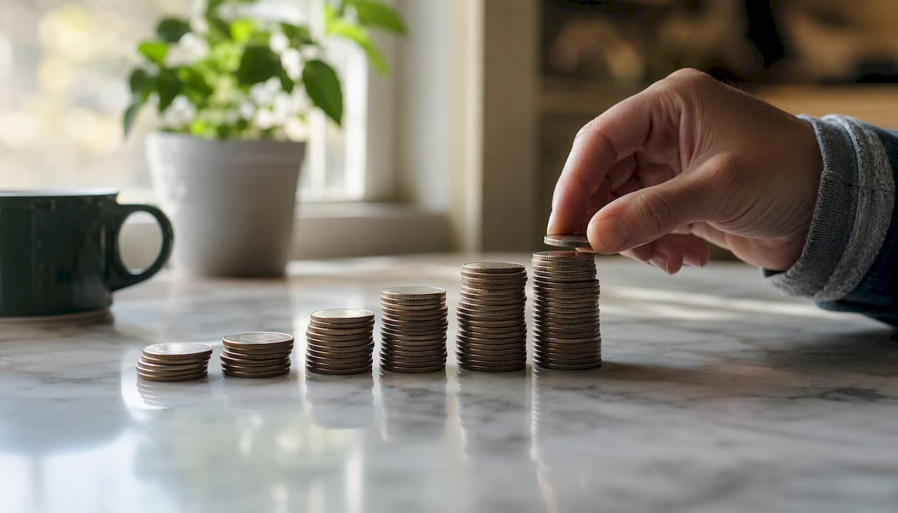 Fingers stacking coins in ascending piles