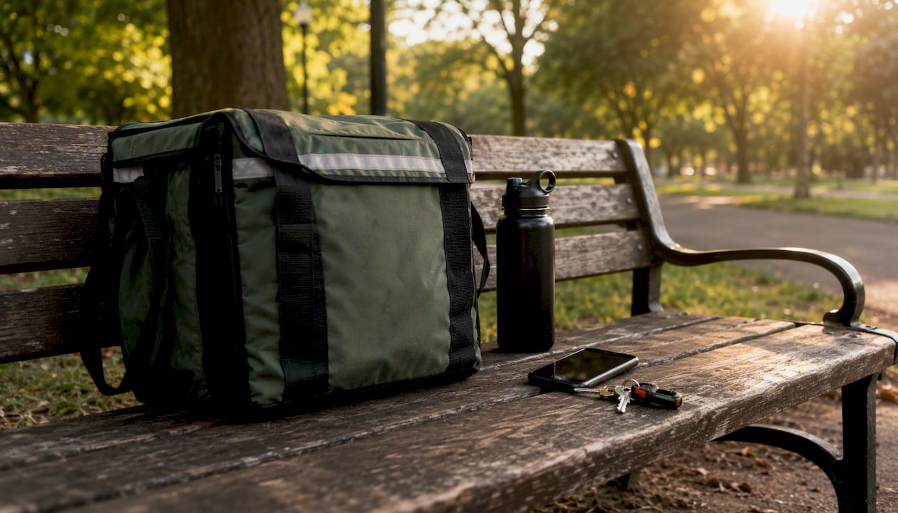 Delivery bag and driver essentials in car seat