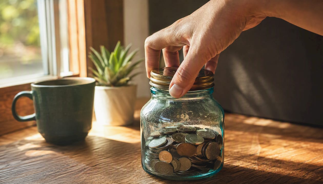 Hand closing lid of savings jar