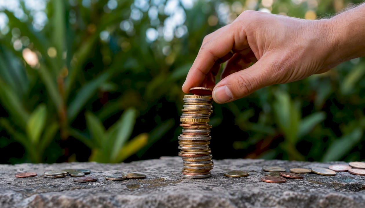 Fingers stacking coins on wooden table