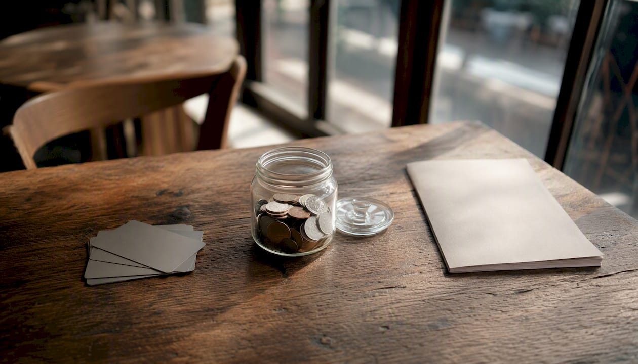 Blank cards, empty coin jar, and booklet on table