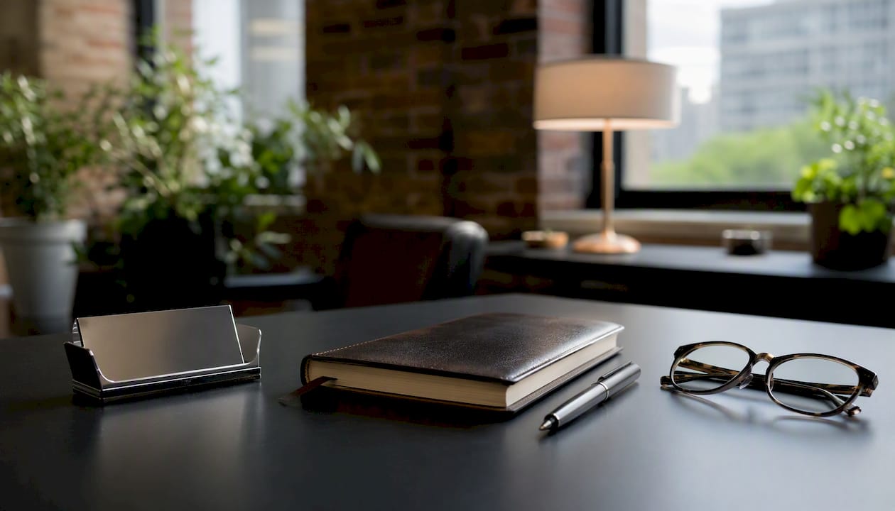 Business pen and notebook on wooden table
