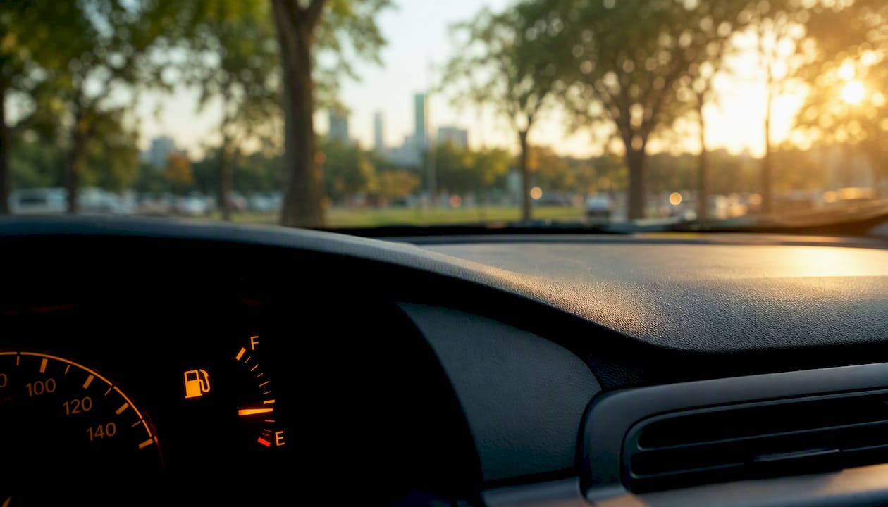Car dashboard with fuel gauge and pump icon