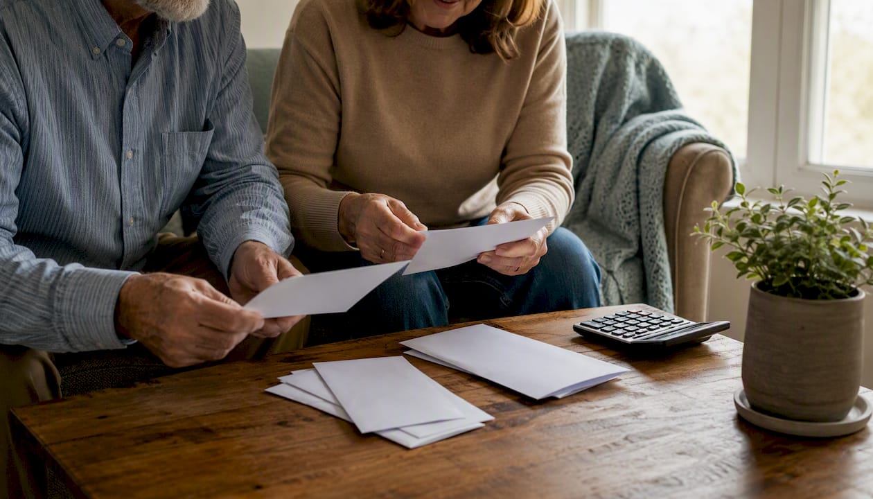 Hands sorting envelopes and calculator on kitchen counter