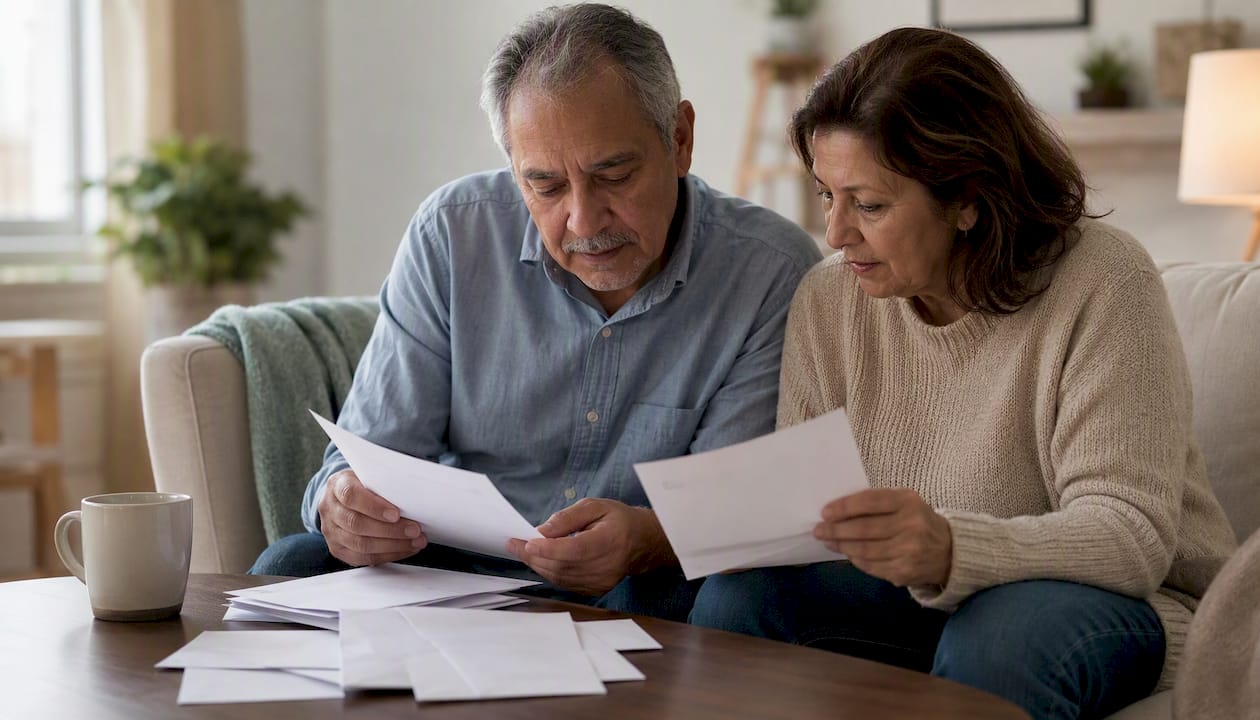 Couple hands sorting retirement papers on table