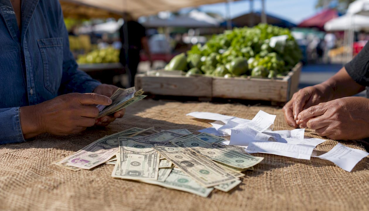 Cash bills and receipts on store counter