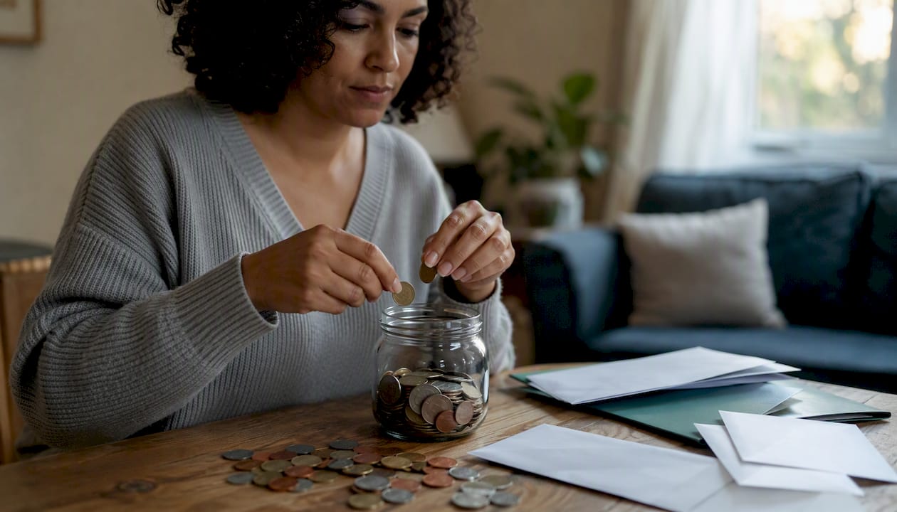 Hands sorting coins into rewards jar over kitchen table