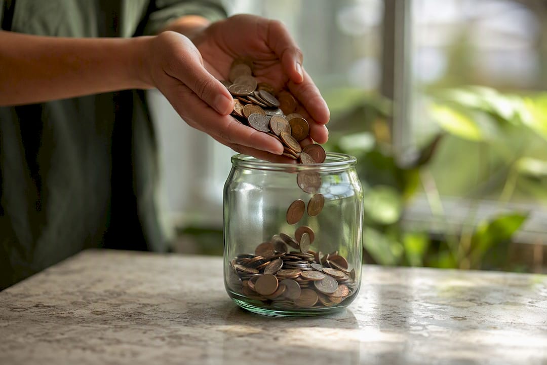 Hands pouring coins into savings jar