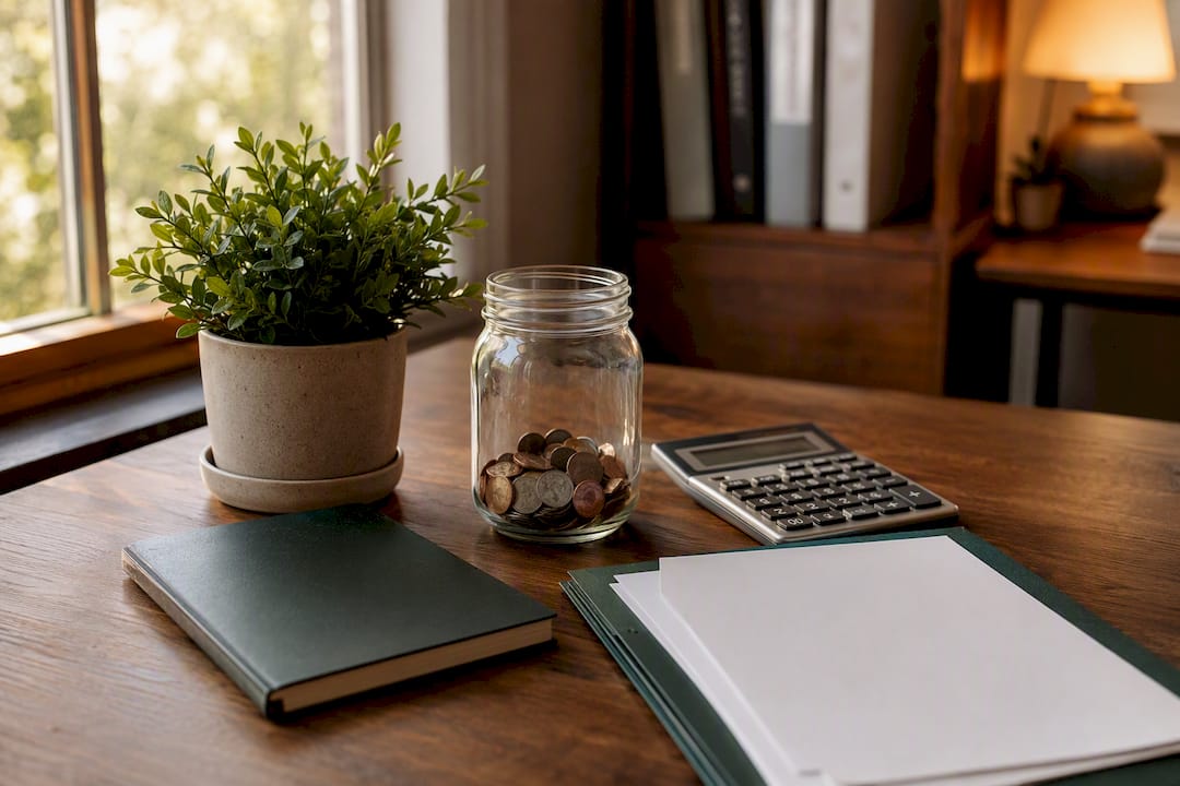 Workspace with savings jar and tax folder