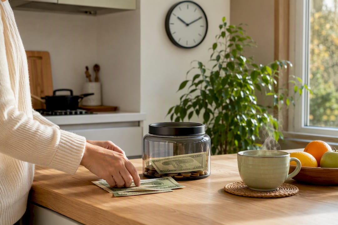 Hands with cash and savings jar on table