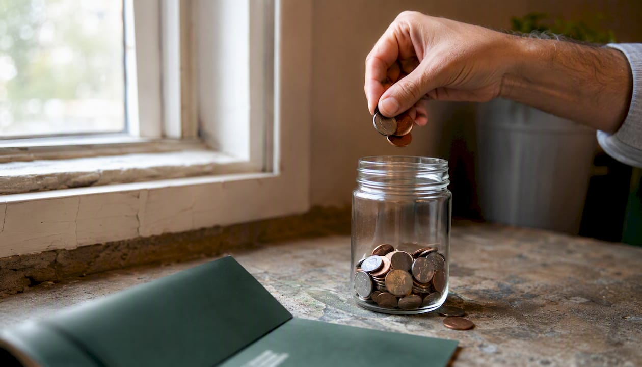 Hand dropping coins into savings jar on wood table